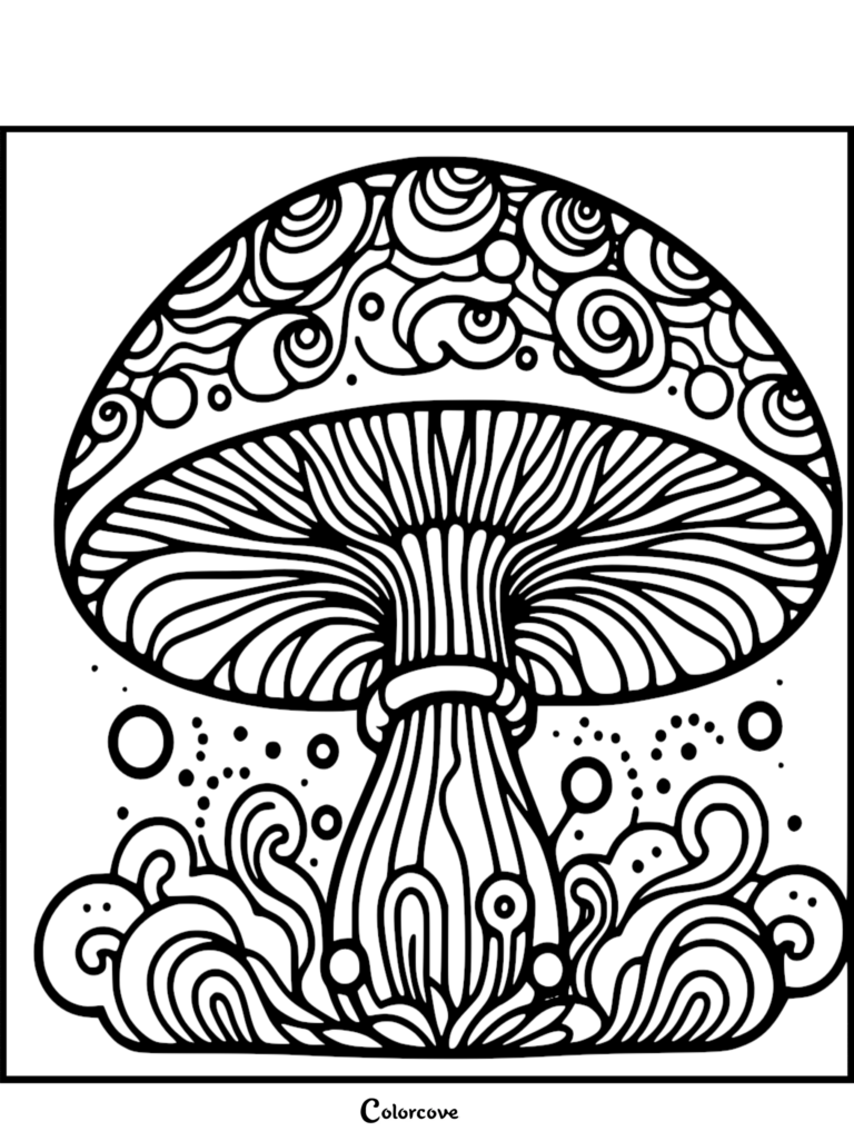 Intricate mushroom coloring page featuring a patterned cap and swirling base designs.