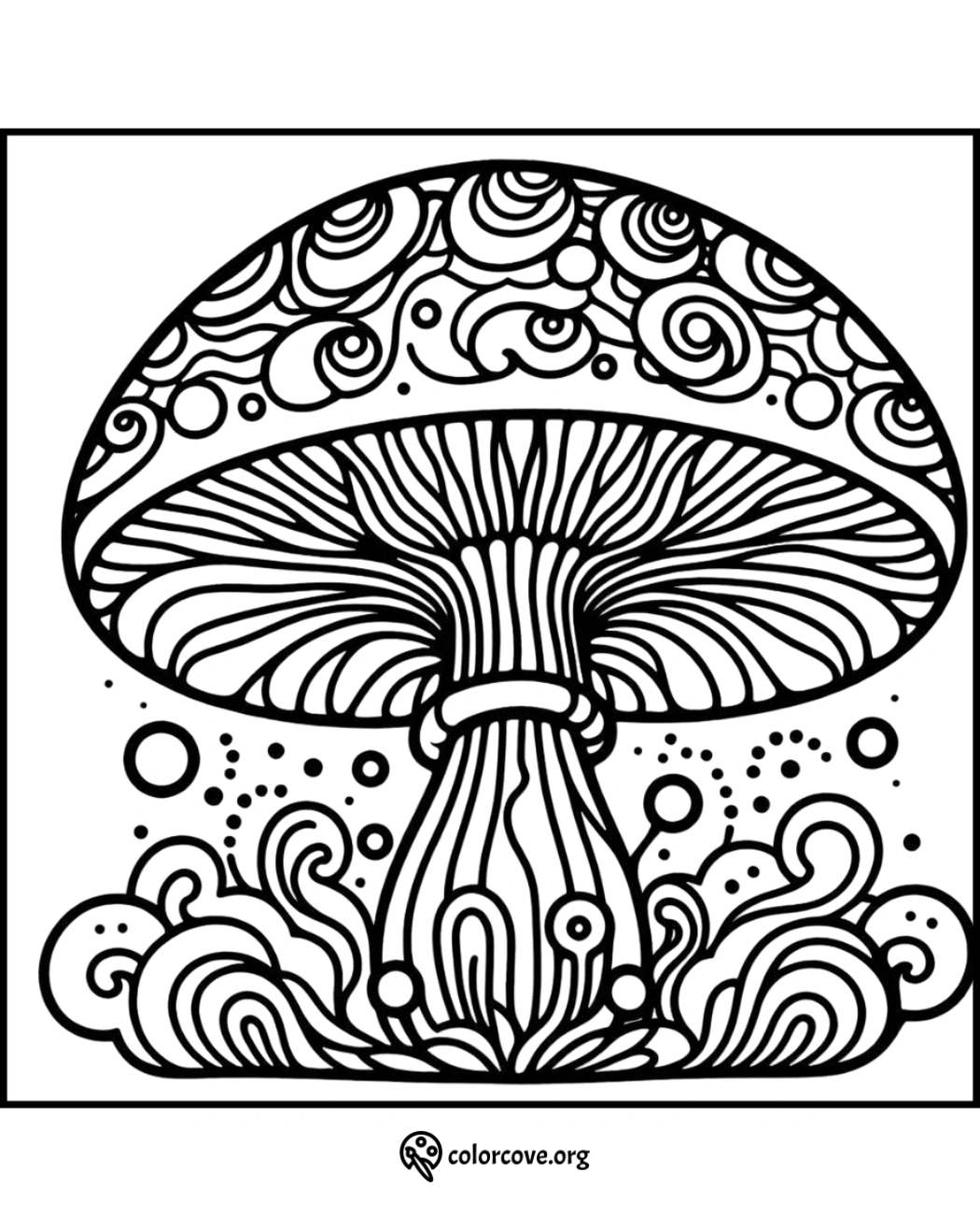 Intricate mushroom coloring page featuring detailed patterns and swirls, perfect for relaxation and creativity.