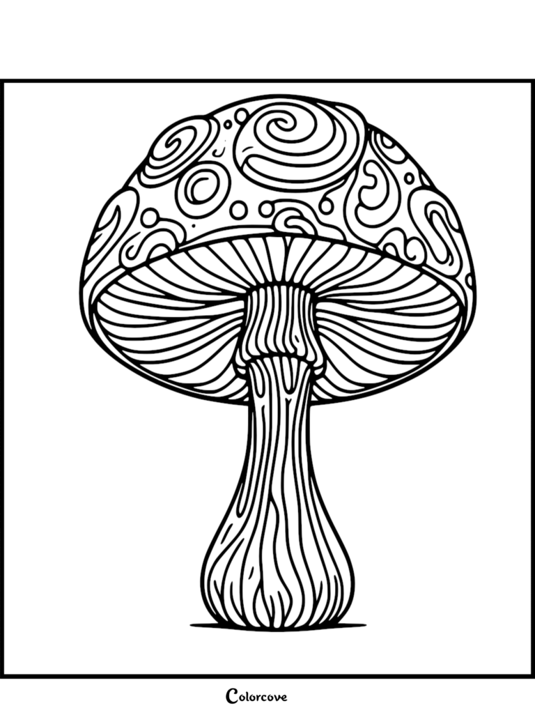 A detailed mushroom coloring page featuring a cap with intricate swirl patterns and a textured stem.