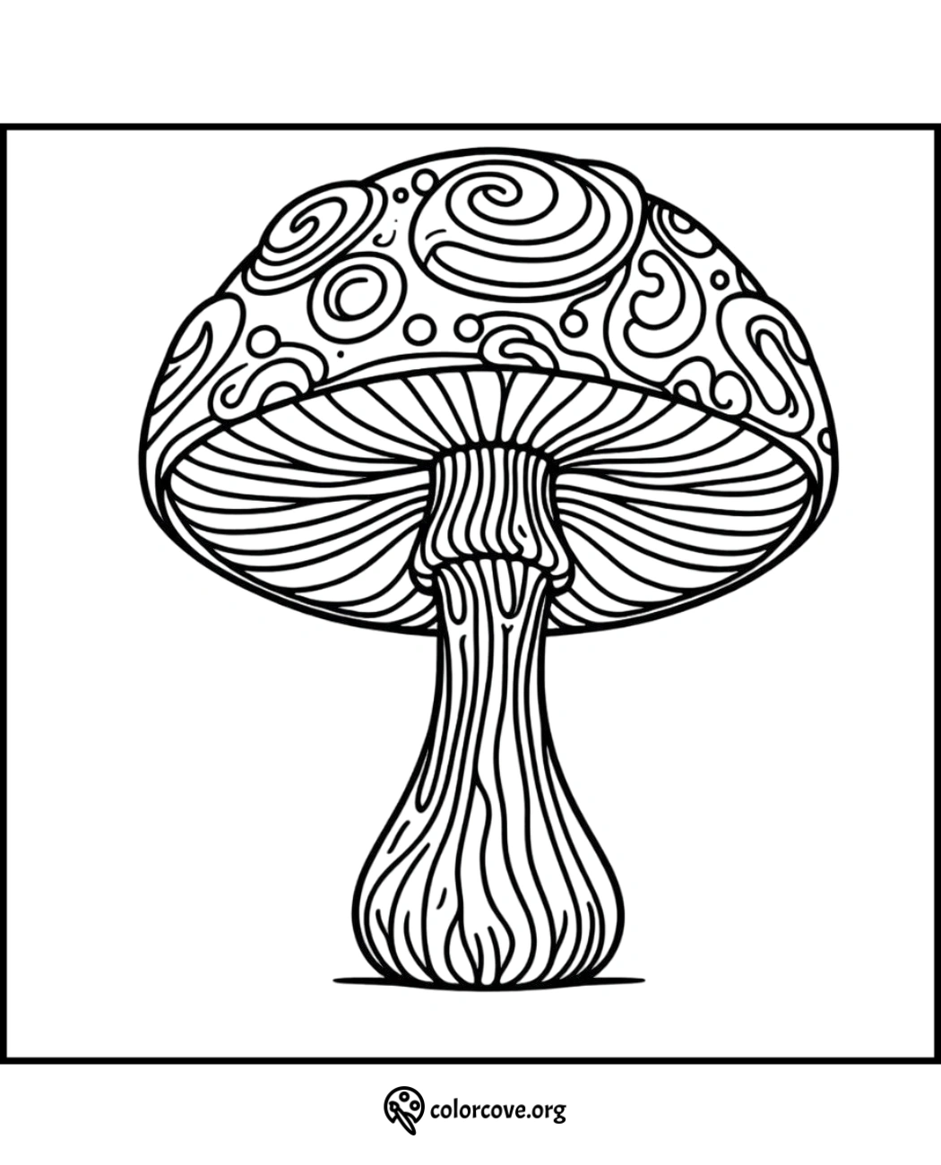 Intricate mushroom coloring page with detailed swirl and line patterns for stress relief and creative coloring.