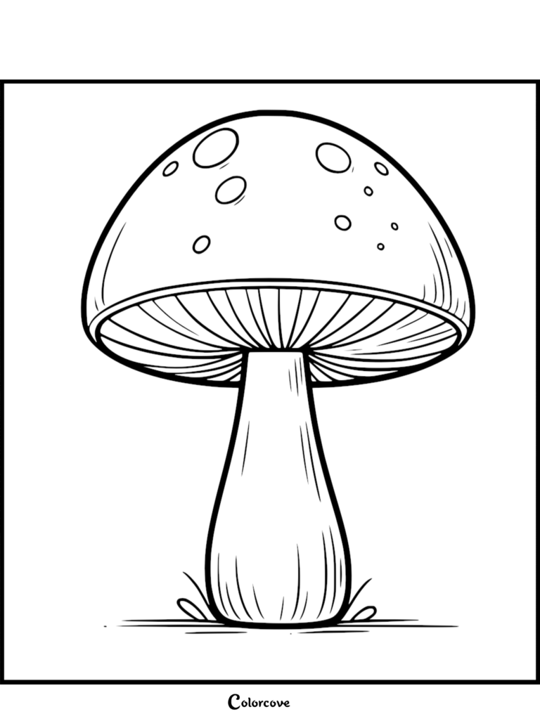 A simple mushroom coloring page featuring a large cap with spots and visible gills on a thick stem.