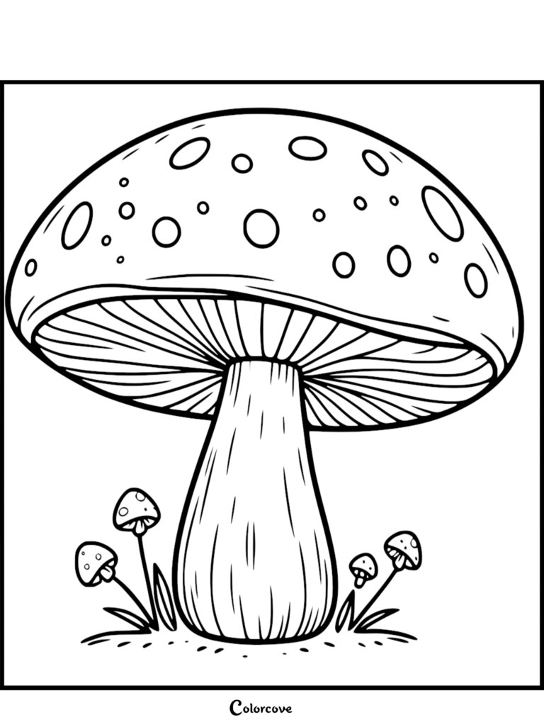 A large spotted mushroom surrounded by four smaller mushrooms in this free printable coloring page.