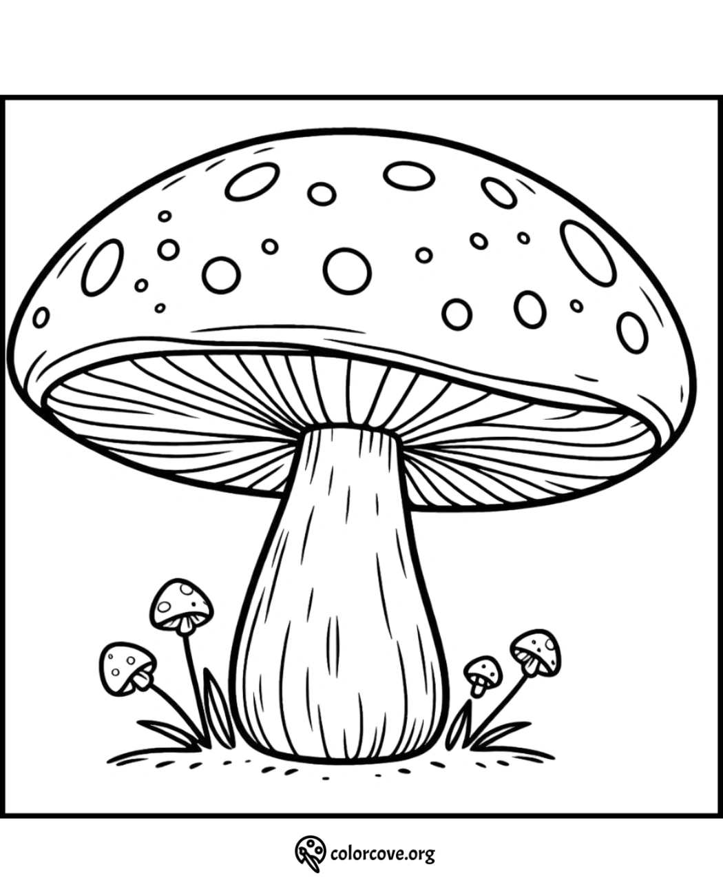 Mushroom coloring page featuring a large mushroom with spots and smaller mushrooms around it; printable nature illustration.