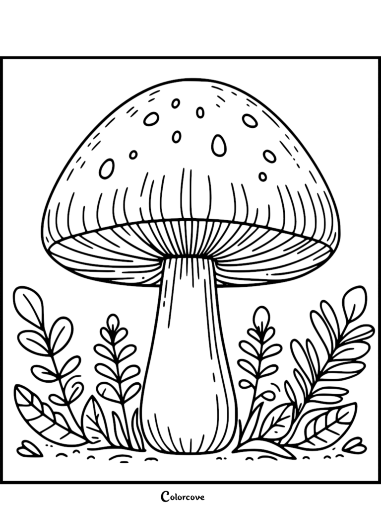 A detailed mushroom coloring page featuring a large cap with spots surrounded by leafy plants.