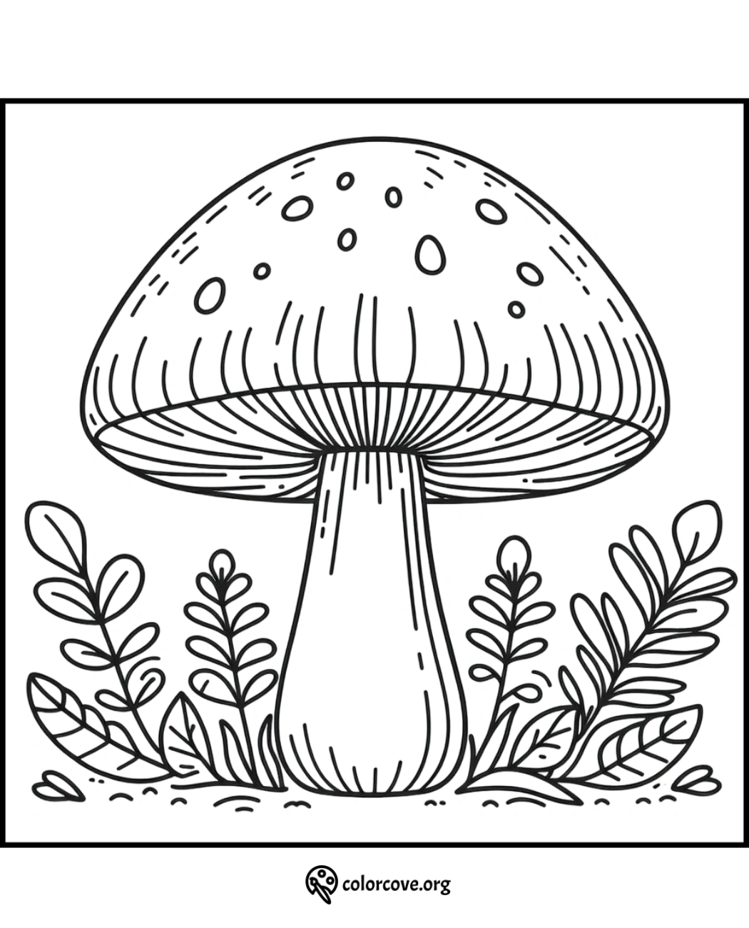 Mushroom coloring page with detailed patterns and surrounding plants for kids and adults to color.