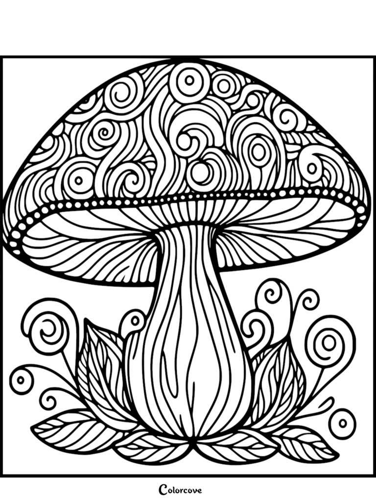 Intricate zentangle mushroom coloring page with swirling patterns and decorative leaves