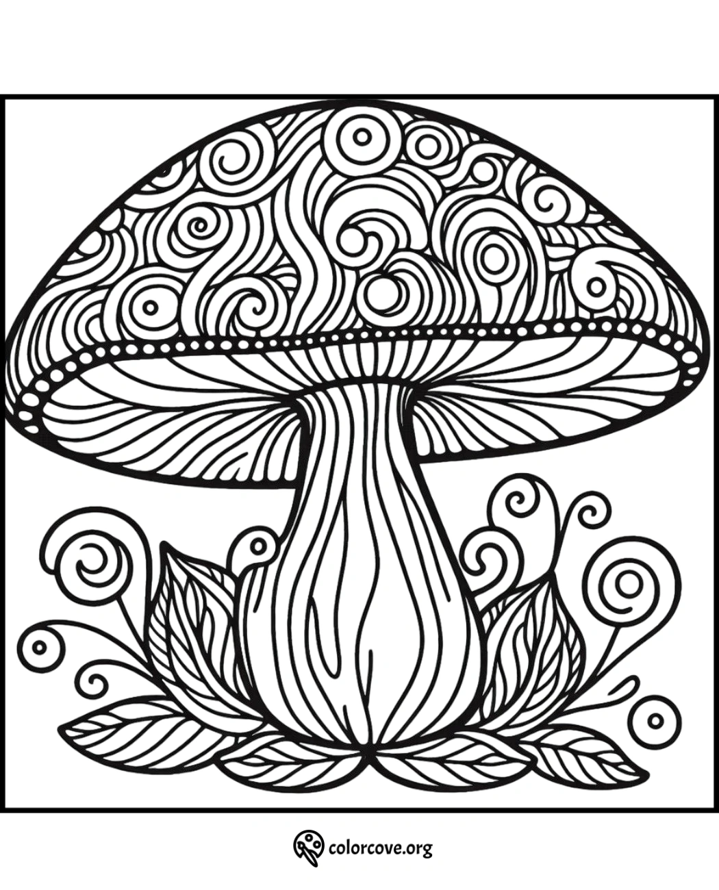 Intricate mushroom coloring page with detailed patterns and swirls, perfect for stress relief and mindfulness.