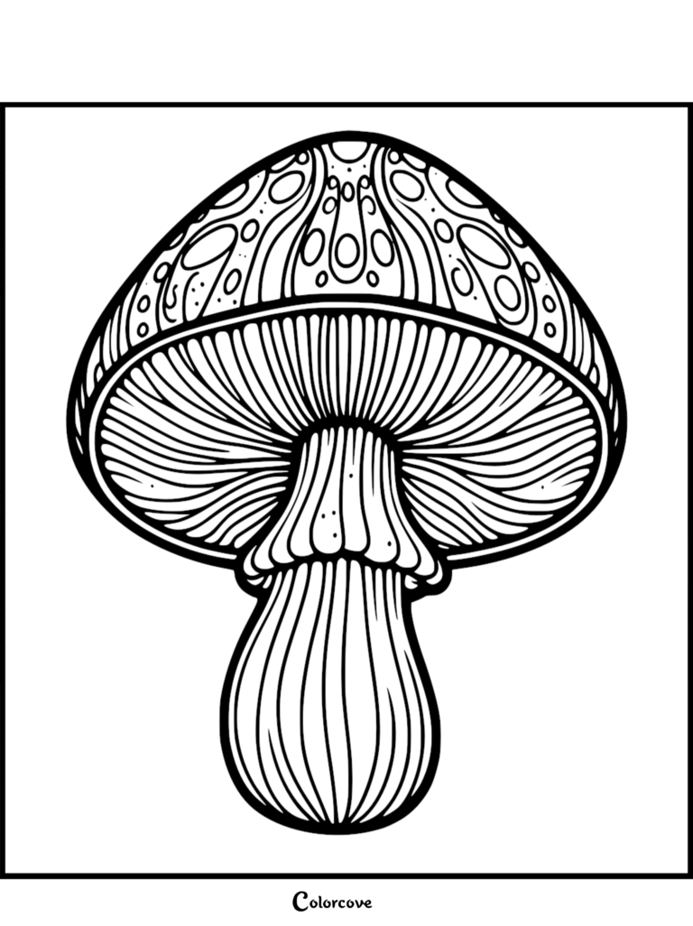 Intricate mushroom coloring page featuring a detailed patterned cap and visible gills.