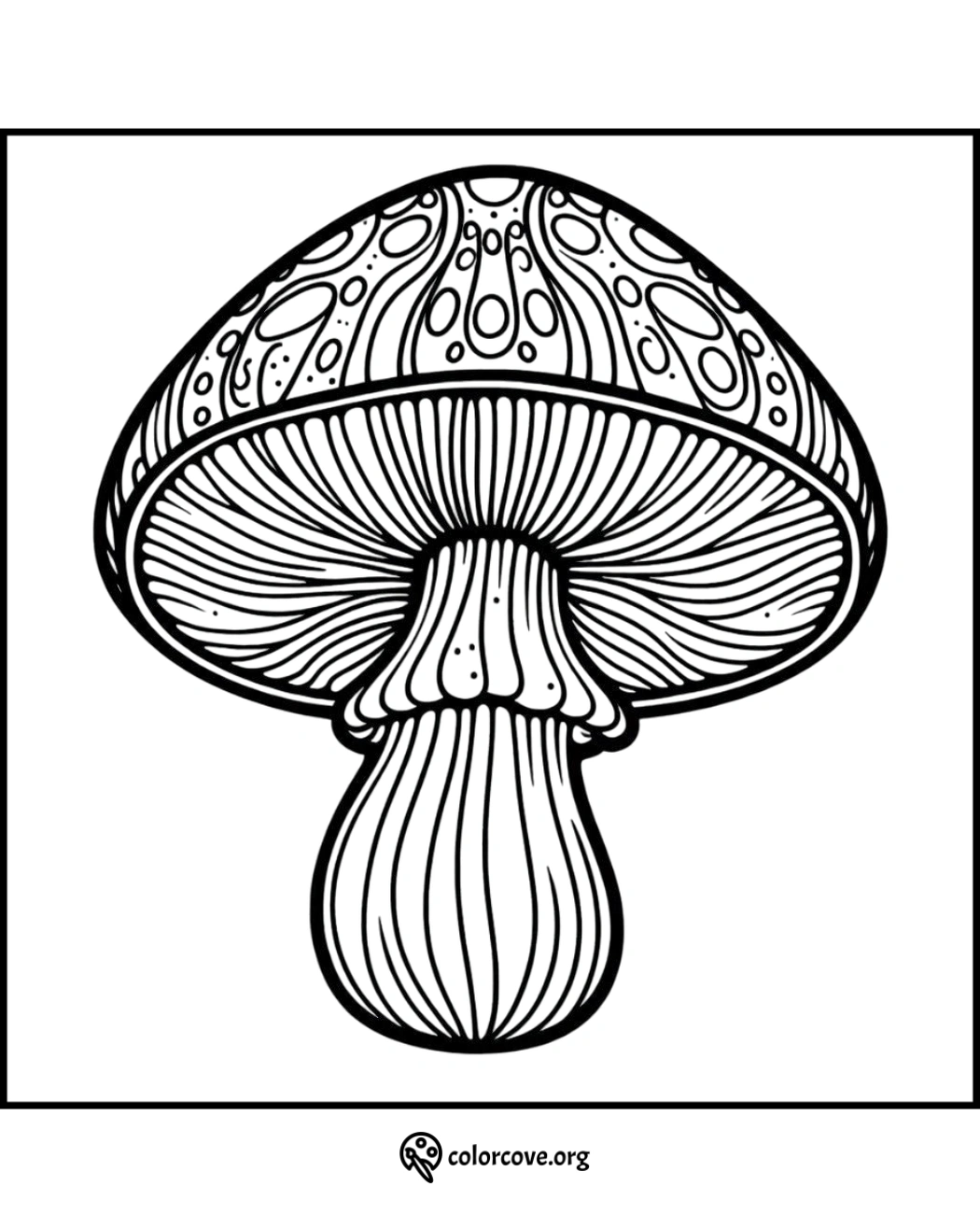 Detailed mushroom coloring page with intricate patterns for stress-relief and creativity. Perfect for adults and kids.