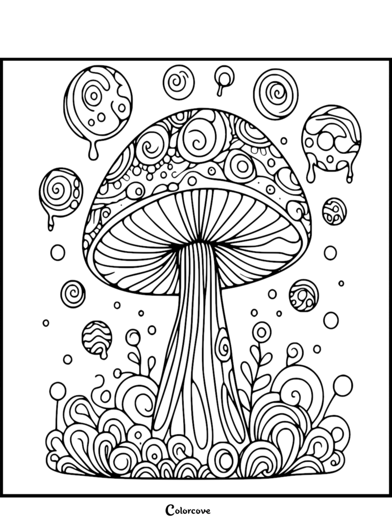 Intricate mushroom coloring page featuring swirling patterns and floating bubbles in a psychedelic forest setting.