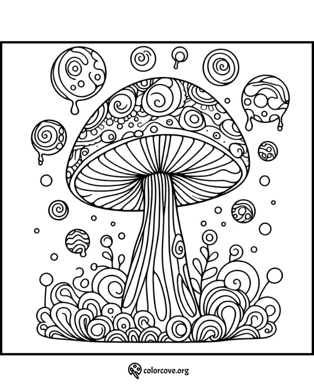 Mushroom-themed coloring page with intricate patterns and swirls, perfect for relaxing and creative coloring activities.