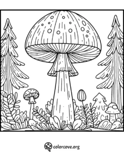 Coloring page of a whimsical forest scene with tall mushrooms, leafy plants, and fir trees. Perfect for kids and art lovers.