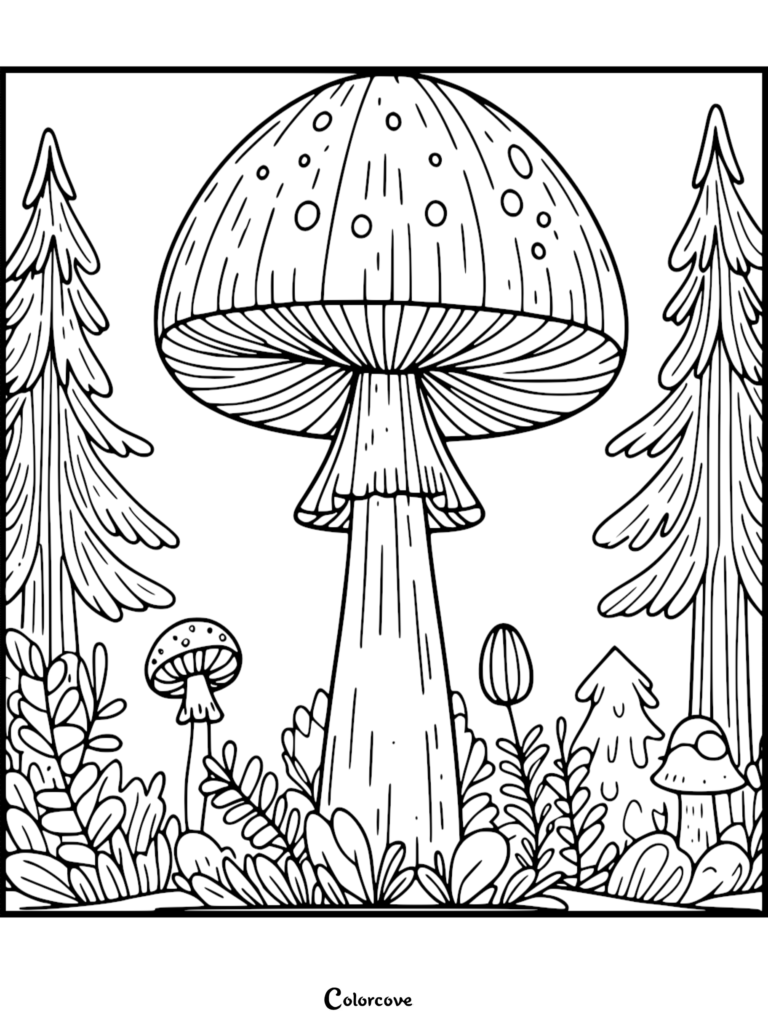 A large spotted mushroom in a forest setting with pine trees and small plants in this printable coloring page.