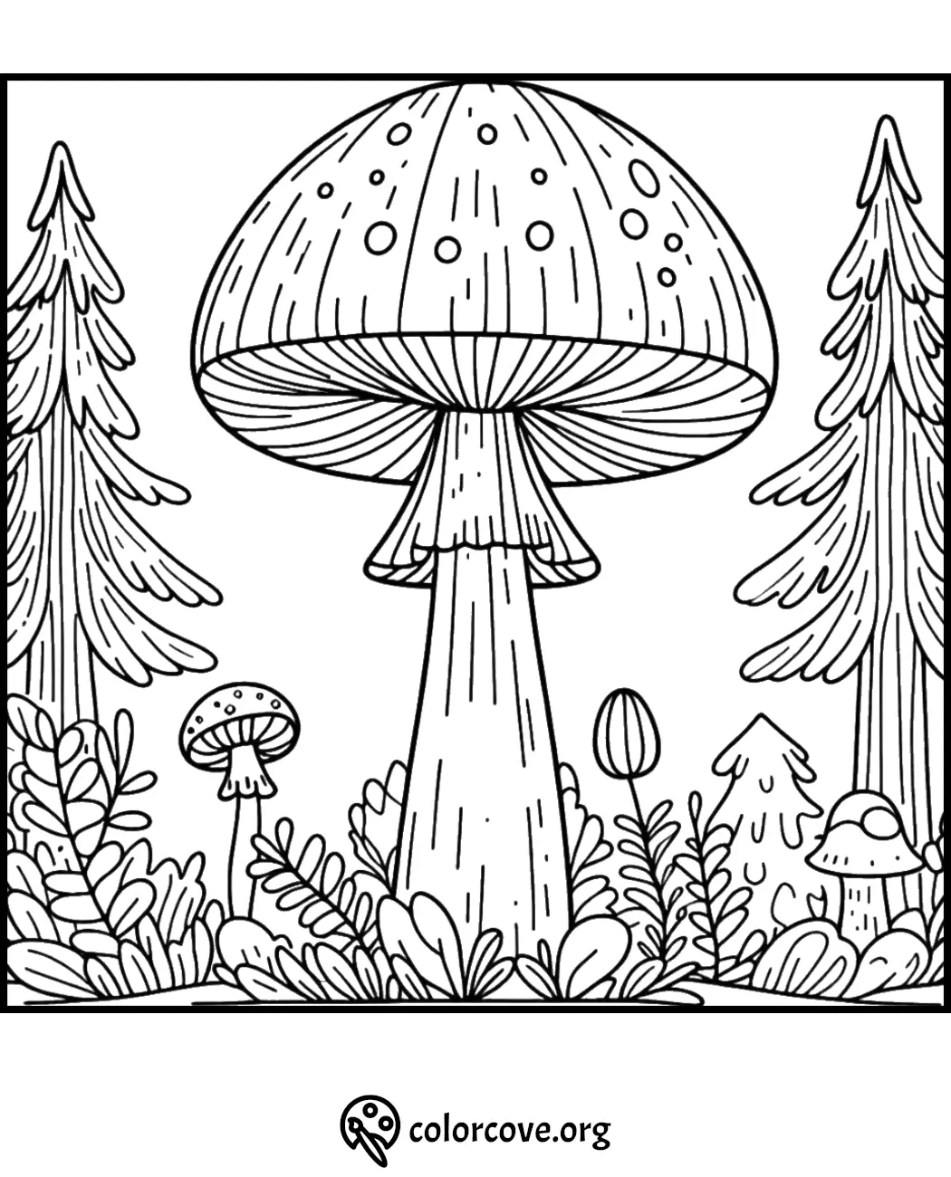 Coloring page of a whimsical forest scene with tall mushrooms, leafy plants, and fir trees. Perfect for kids and art lovers.