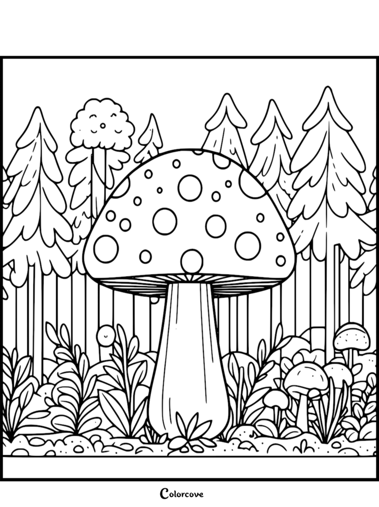 A large spotted mushroom in a forest setting, featured in this free printable mushroom coloring page.