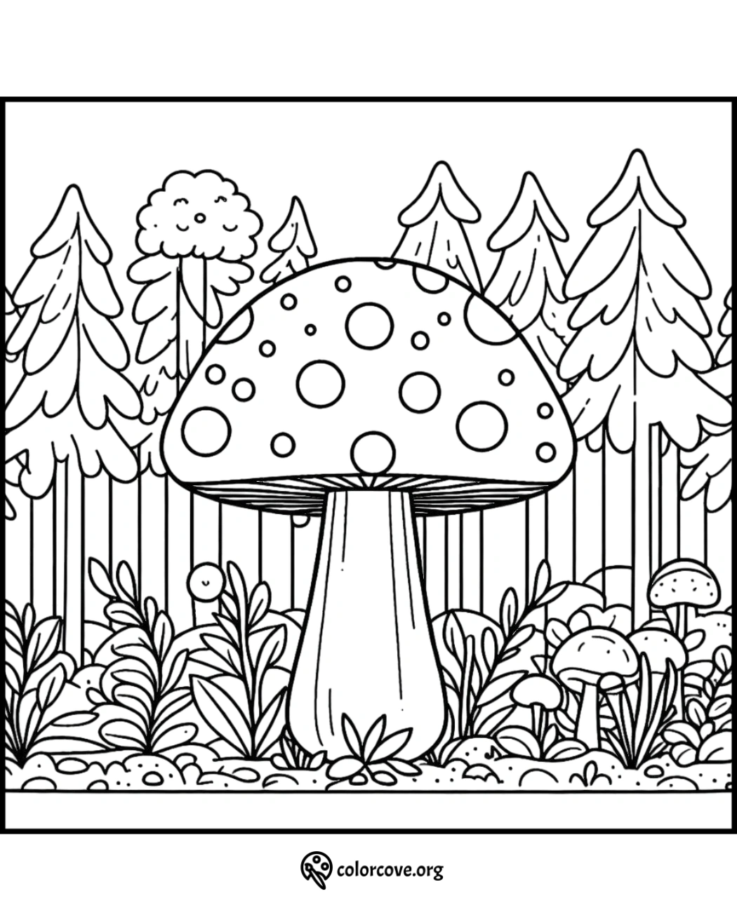 Coloring page featuring a large spotted mushroom in a whimsical forest with trees and plants. Perfect for kids and nature lovers.