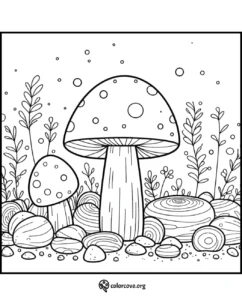 Mushroom coloring page with a nature background featuring rocks and plants. Detailed, easy to color fungal illustration.