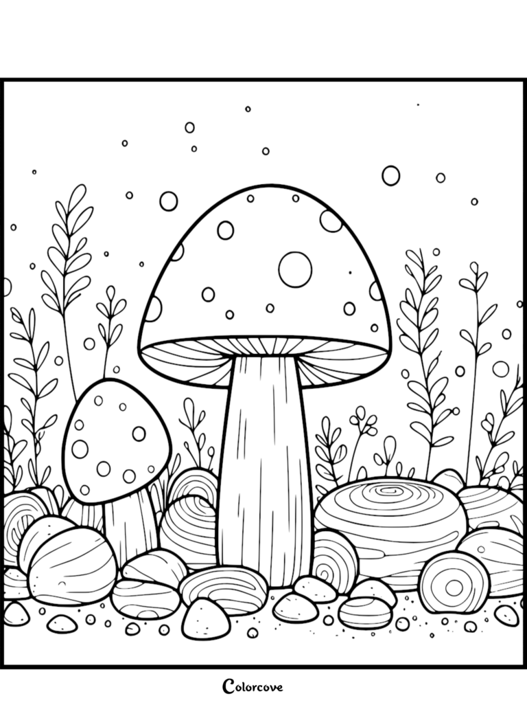 A printable mushroom coloring page featuring two spotted mushrooms surrounded by rocks and tall grass.