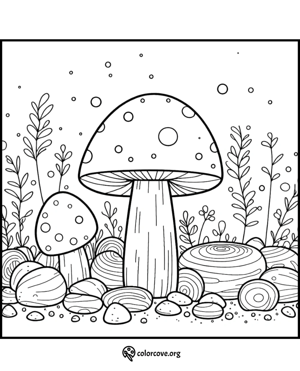 Mushroom coloring page with a nature background featuring rocks and plants. Detailed, easy to color fungal illustration.