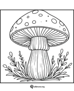 Coloring page of a giant mushroom with detailed patterns and foliage, perfect for relaxing and boosting creativity.
