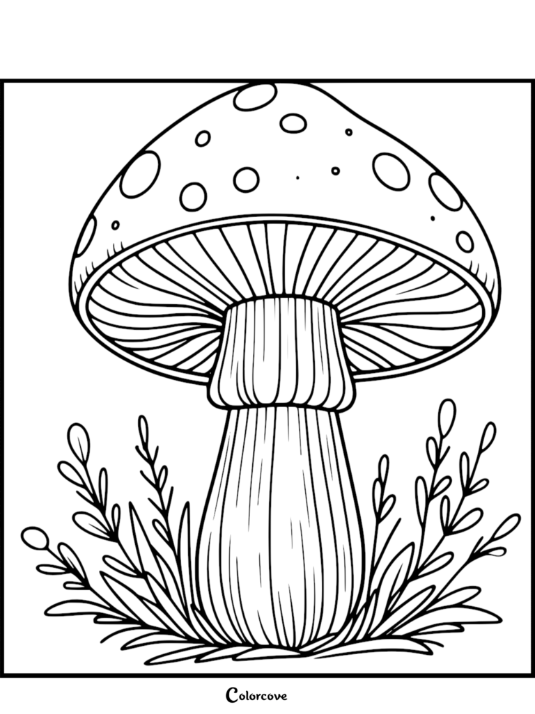 A printable mushroom coloring page featuring a large spotted cap with visible gills and grassy foliage at the base.