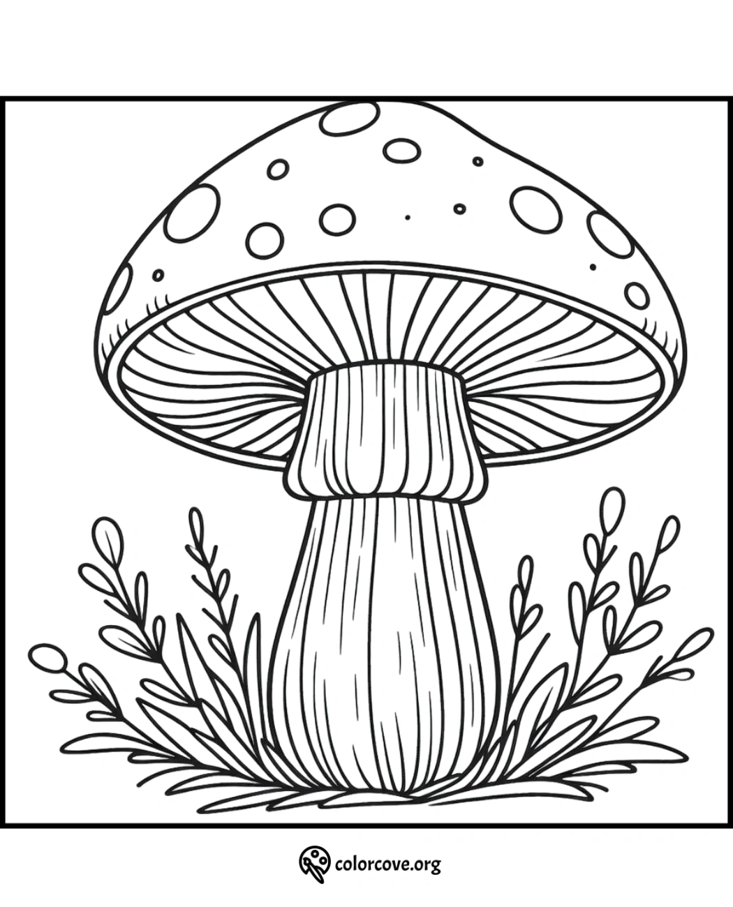 Coloring page of a giant mushroom with detailed patterns and foliage, perfect for relaxing and boosting creativity.