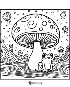 Coloring page of a whimsical frog sitting beneath a giant mushroom in a surreal, fantasy landscape with floating mushrooms.