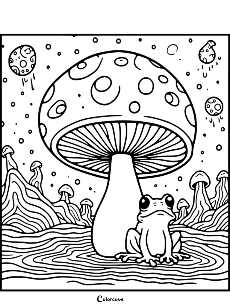A printable mushroom coloring page featuring a frog sitting under a large spotted mushroom in a surreal landscape with floating orbs.
