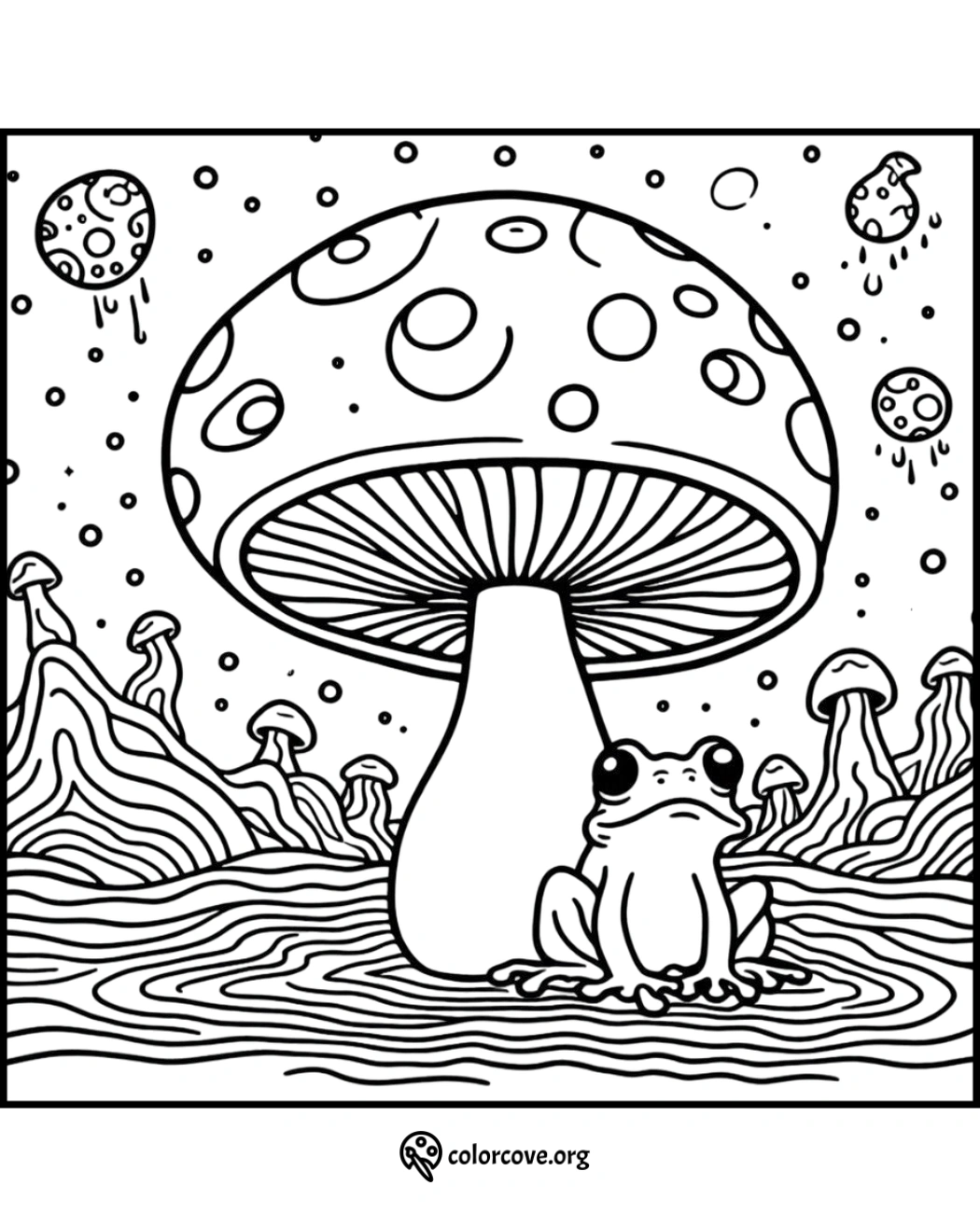 Coloring page of a whimsical frog sitting beneath a giant mushroom in a surreal, fantasy landscape with floating mushrooms.