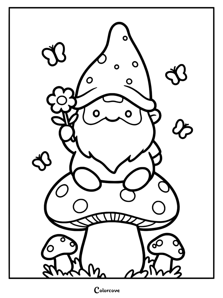 A cute gnome with a polka dot hat holding a flower while sitting on a large mushroom surrounded by butterflies, a printable coloring page.