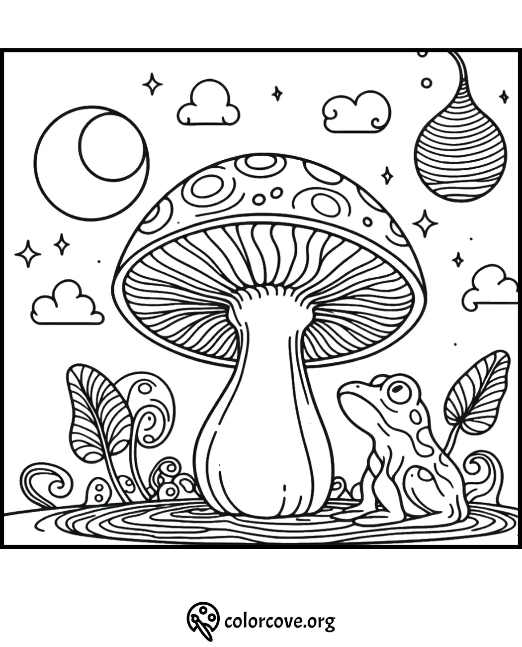 Coloring page of a large whimsical mushroom with a frog, clouds, stars, and plants around. Perfect for creative relaxation.