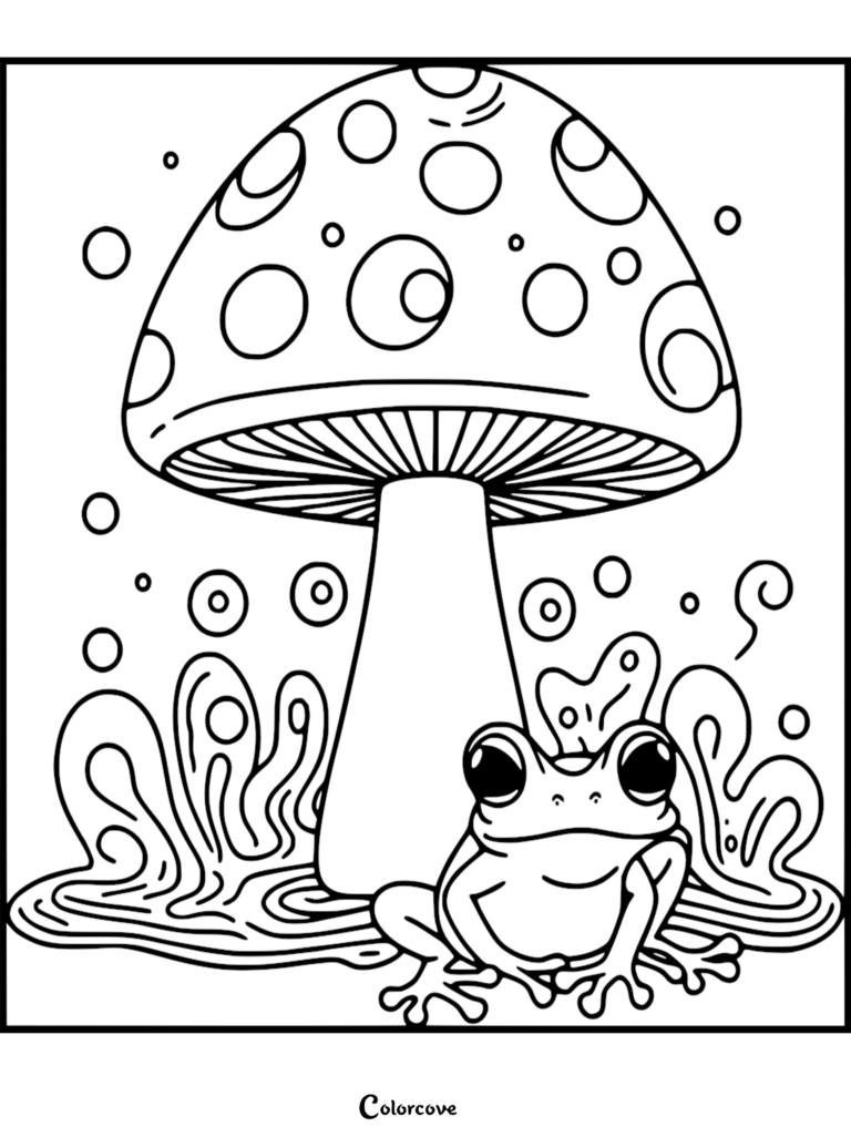 A cute frog sitting in a puddle next to a large spotted mushroom in this printable coloring page.