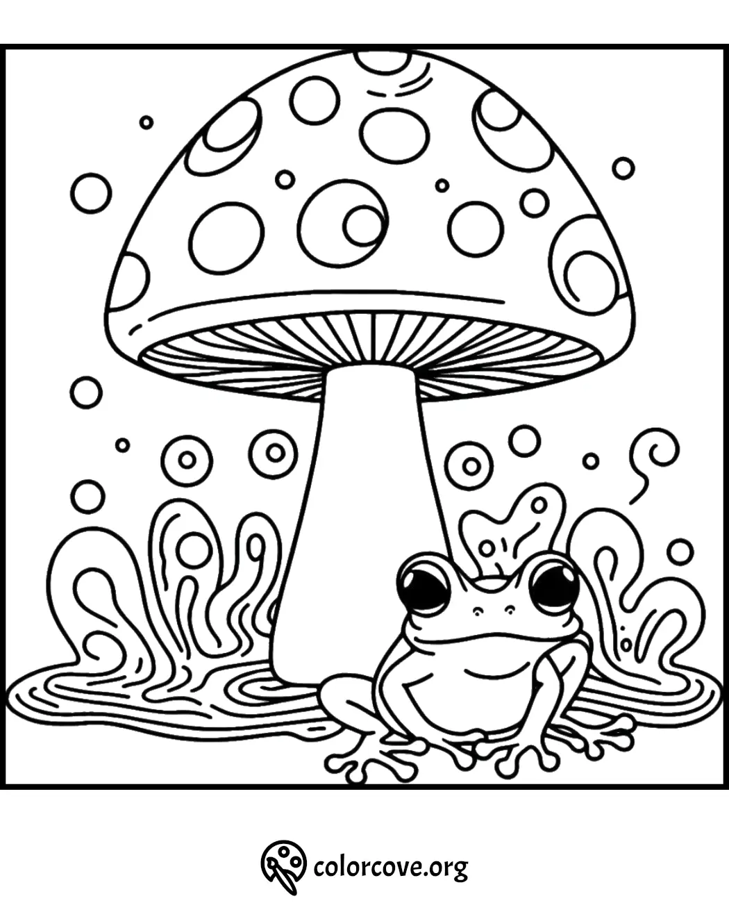 Frog and mushroom coloring page featuring a large spotted mushroom with a frog sitting in front, ready to be colored.