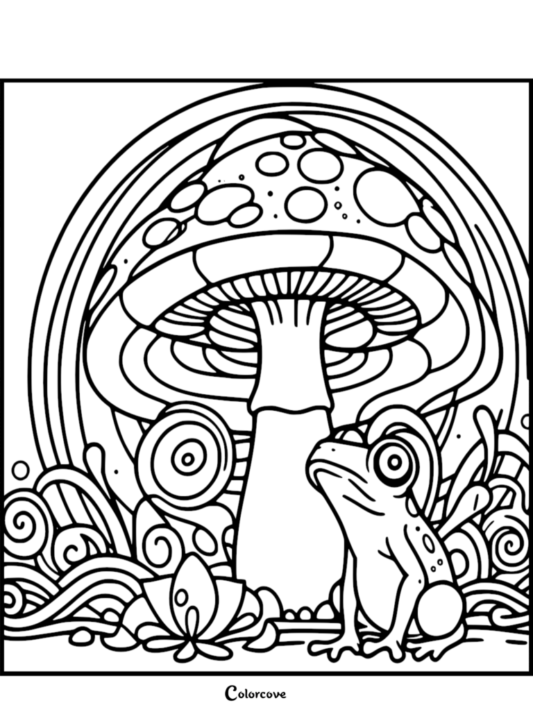 A frog sitting in front of a large spotted mushroom in a whimsical forest scene coloring page.