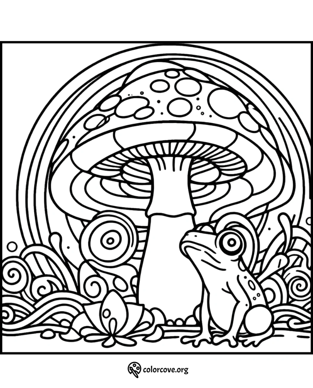 Frog and mushroom coloring page, featuring detailed swirls and abstract patterns. Perfect for stress-relief and creativity.