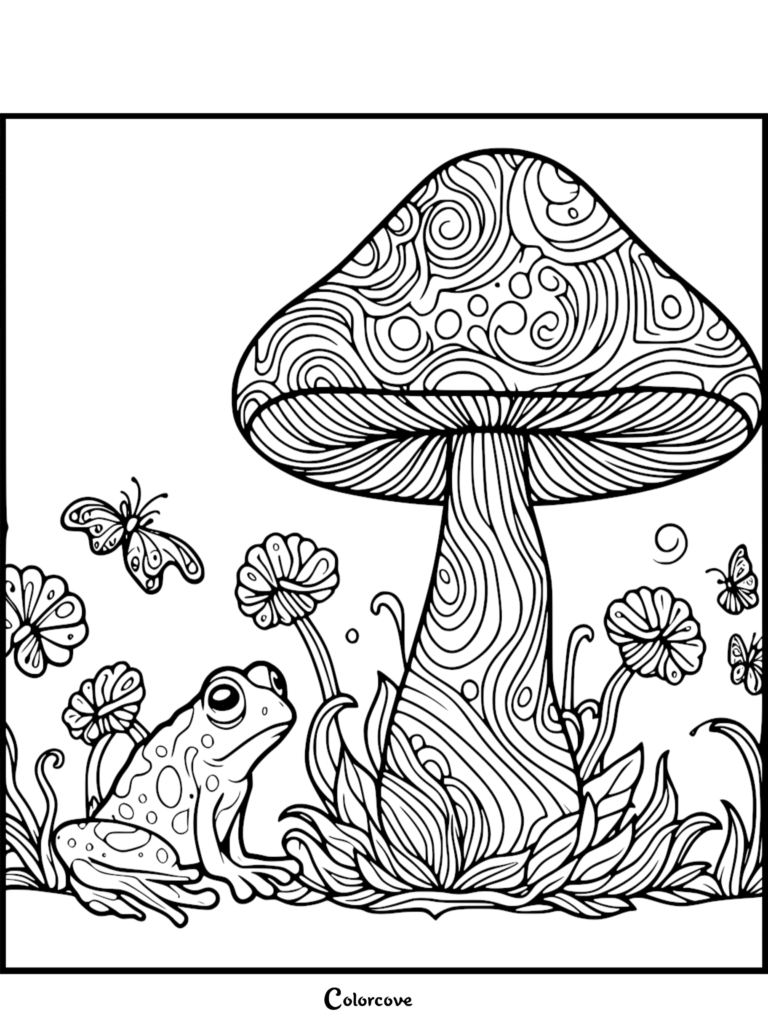 A detailed mushroom coloring page featuring a frog sitting beside a large, patterned mushroom with butterflies and flowers.