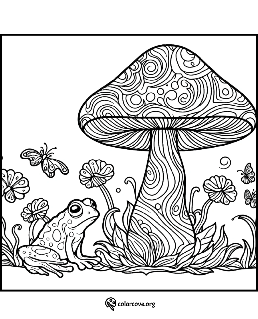 Detailed frog and mushroom coloring page with butterflies, intricate patterns, and flowers for adults and kids.