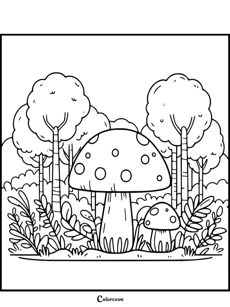 Large and small spotted mushrooms in a forest setting coloring page