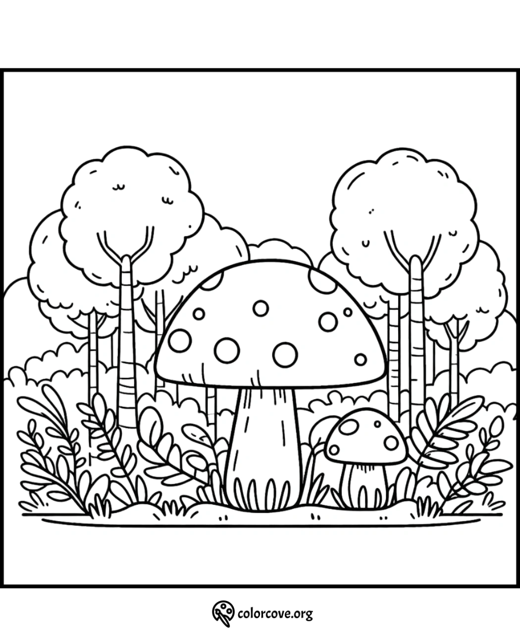 Mushroom forest coloring page with large mushroom, trees, and plants for kids to color. Ideal for nature-themed crafting.