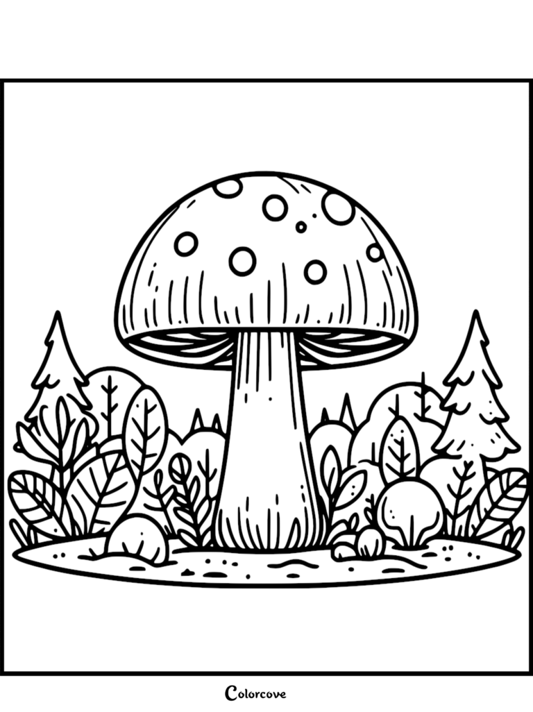 A large spotted mushroom in a forest setting, featured in this printable coloring page 28.