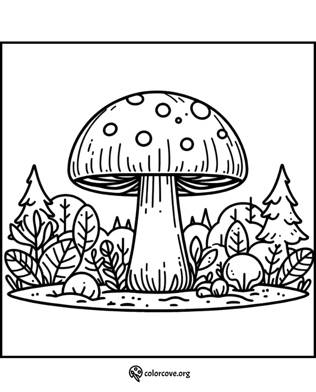 Mushroom coloring page with foliage and trees in the background, perfect for kids and adults to color and enjoy.