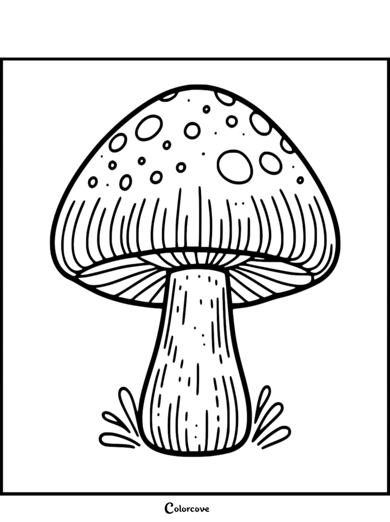 A detailed mushroom coloring page featuring a spotted cap with visible gills and a textured stem.