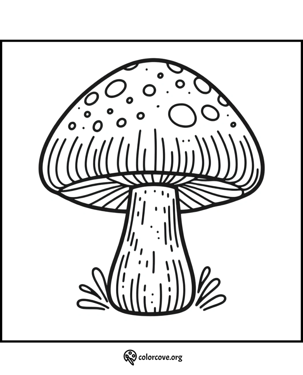 Coloring page of a mushroom for kids and adults to print and color, detailed mushroom illustration with spots.