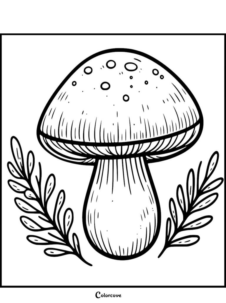 A detailed mushroom coloring page featuring a large cap with spots and leafy sprigs on both sides.