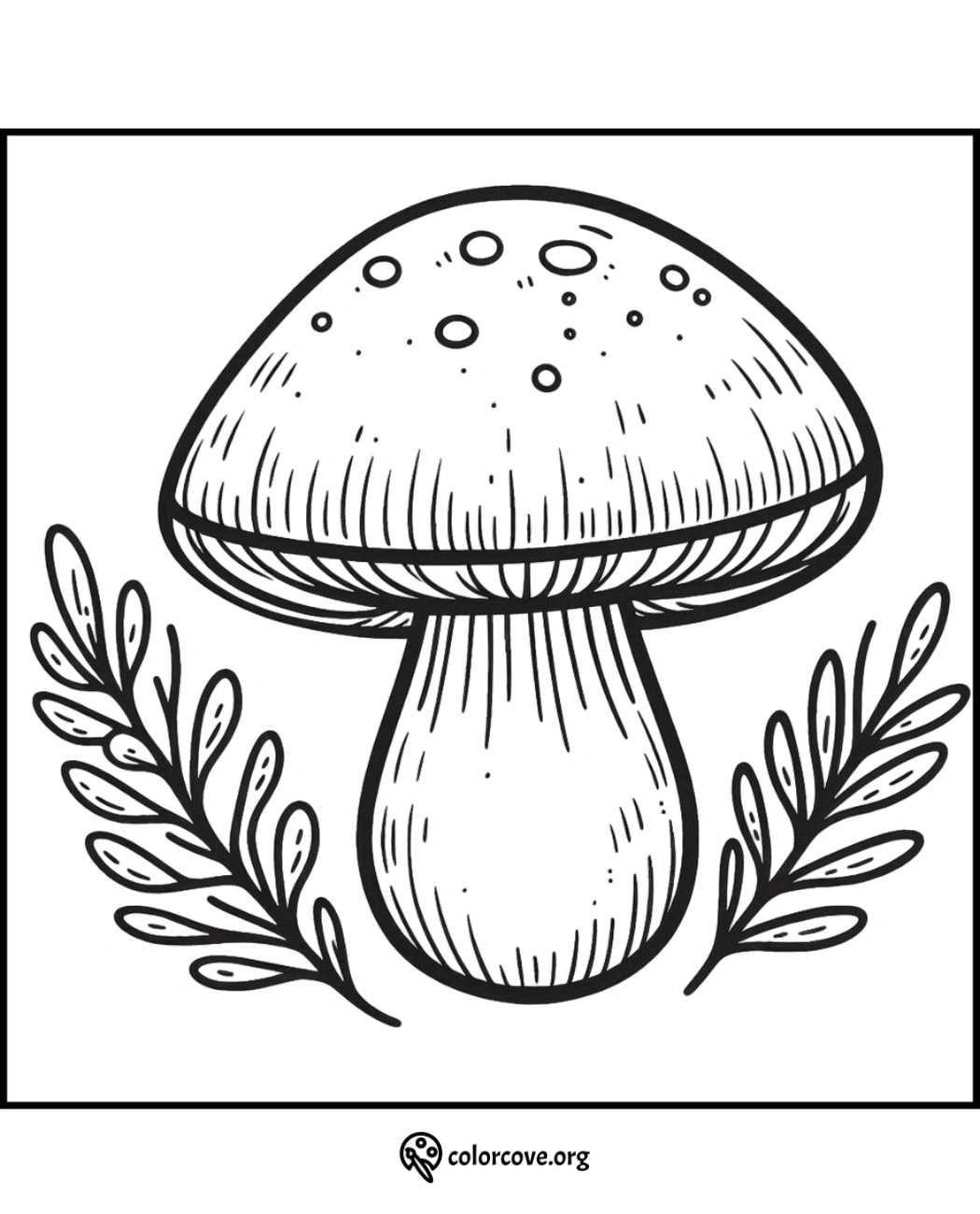 Mushroom coloring page with intricate details and leaf accents, ideal for kids and adults who enjoy coloring nature themes.