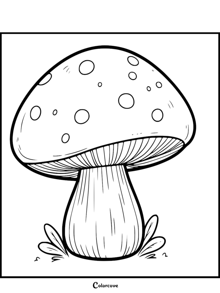 A simple mushroom coloring page featuring a spotted cap and detailed gills on a white background.