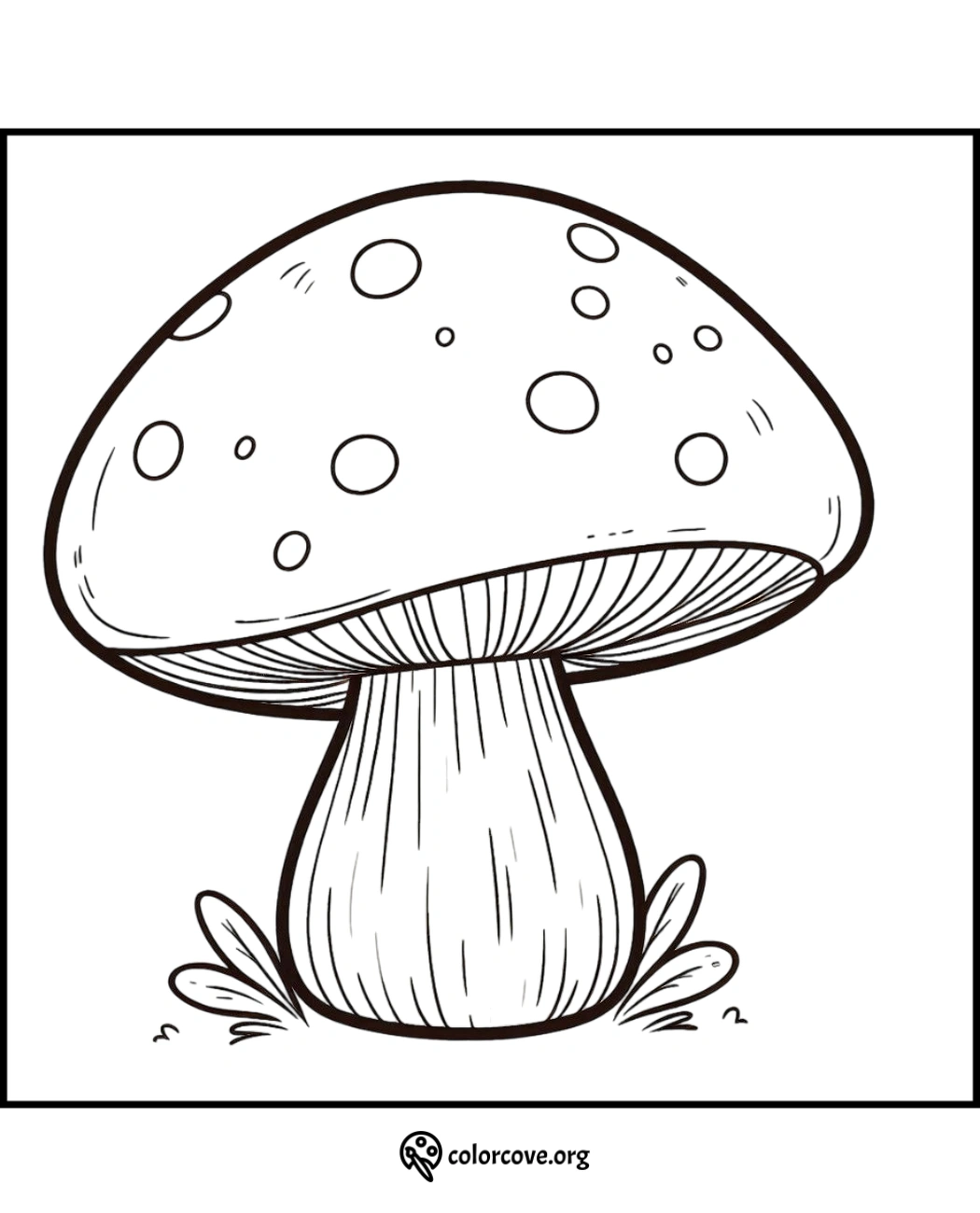 Coloring page of a mushroom with a large cap and spots, perfect for kids and adults to color and enjoy.