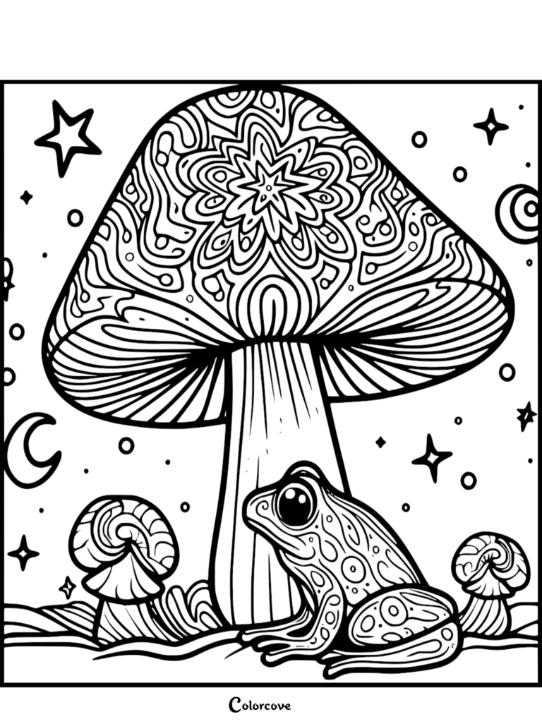 A detailed mushroom coloring page featuring a large mandala-patterned mushroom with a frog sitting in front under a starry night sky.