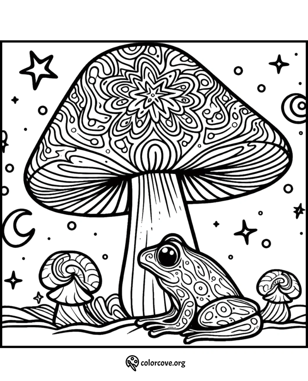 Coloring page of a frog sitting by large mushroom with intricate patterns, surrounded by stars and smaller mushrooms.