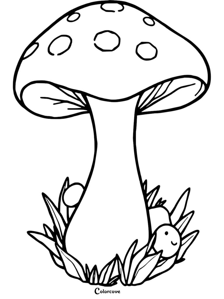 A printable mushroom coloring page featuring a large spotted toadstool surrounded by small grass tufts.